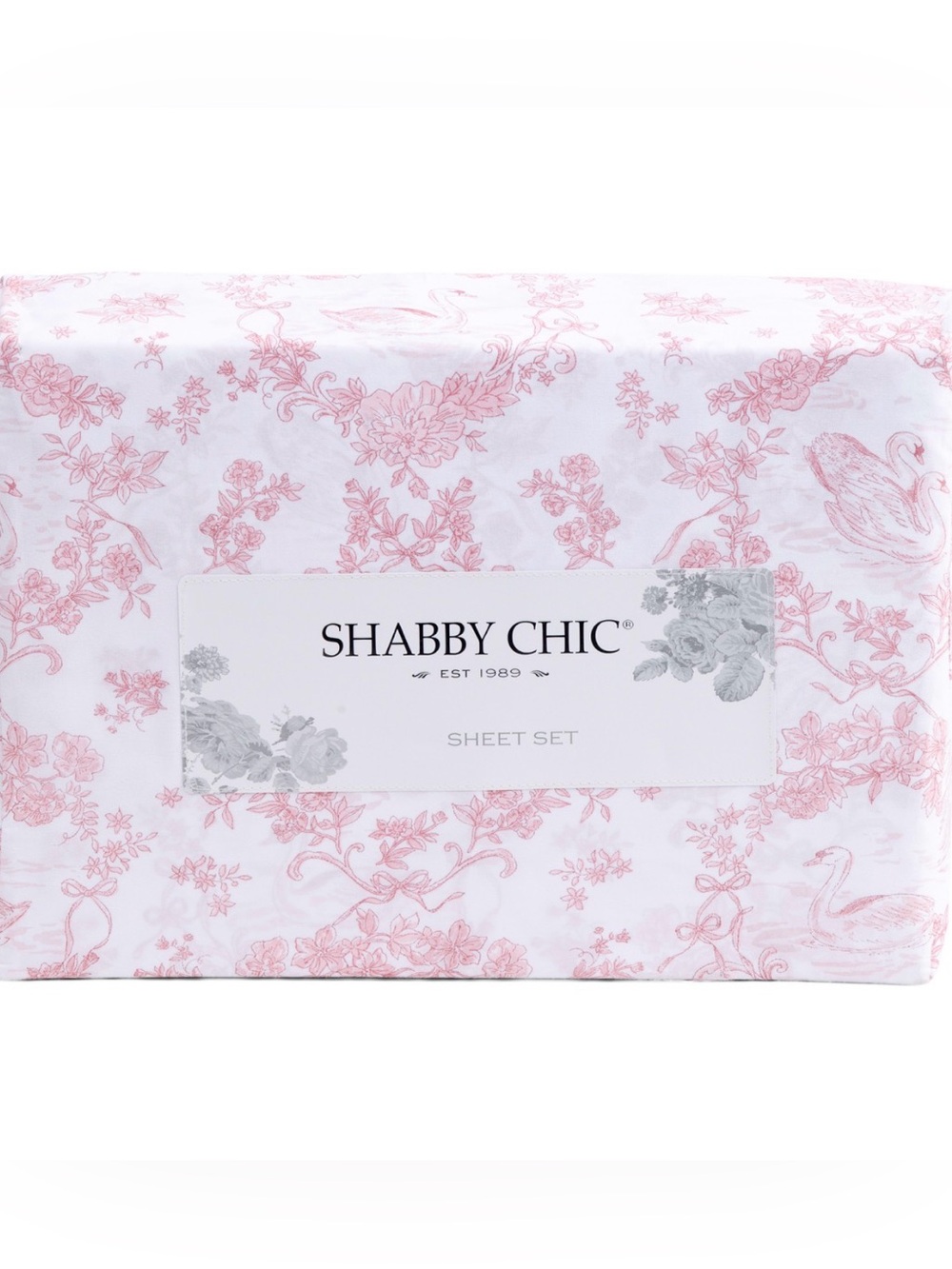 Shabby Chic king Sheet Set Pink White Swan Toile Floral 4 Piece Microfiber NEW